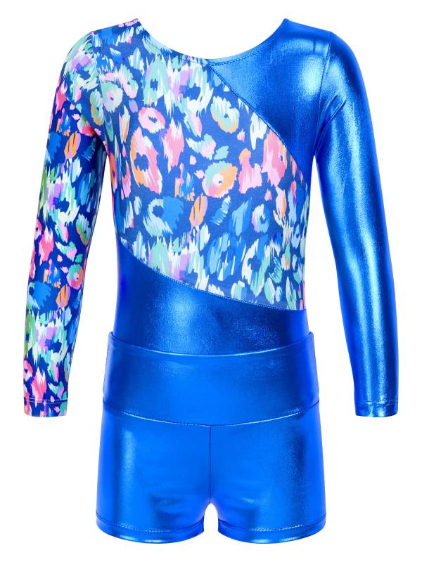 Kids Girls Long Sleeve Printed Patchwork Leotard with Shorts Sport Set thumb