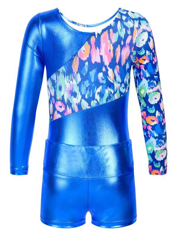Kids Girls Long Sleeve Printed Patchwork Leotard with Shorts Sport Set thumb