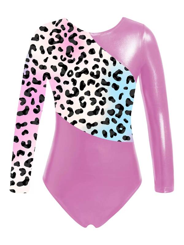 Kids Girls Long Sleeves Leopard Print Gymnastics Leotard thumb