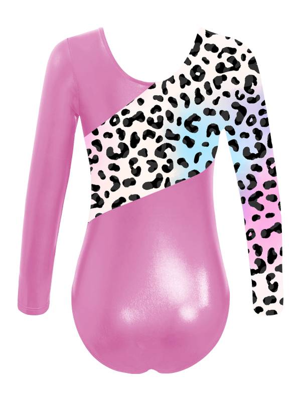 Kids Girls Long Sleeves Leopard Print Gymnastics Leotard thumb