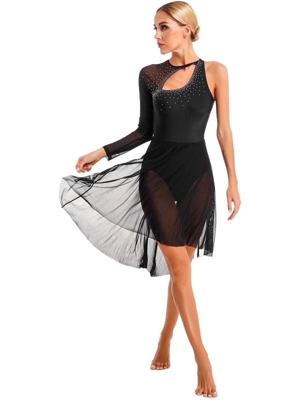 Women Glitter Rhinestone Cutout Leotard Lyrical Contemporary Dance Dress thumb