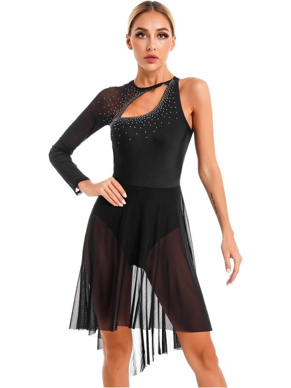 Women Glitter Rhinestone Cutout Leotard Lyrical Contemporary Dance Dress thumb