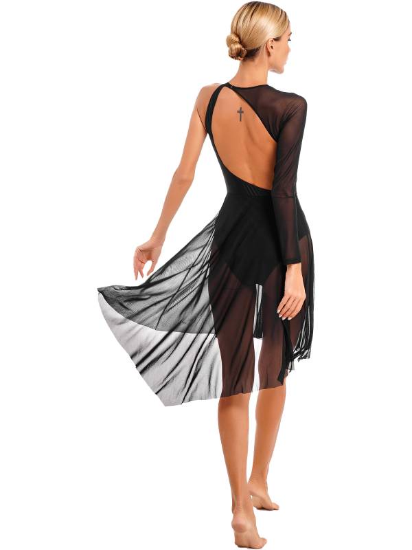 Women Glitter Rhinestone Cutout Leotard Lyrical Contemporary Dance Dress thumb