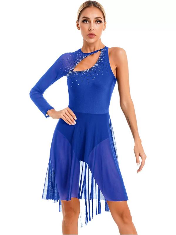 Women Glitter Rhinestone Cutout Leotard Lyrical Contemporary Dance Dress thumb
