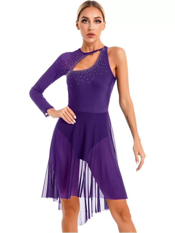 Women Glitter Rhinestone Cutout Leotard Lyrical Contemporary Dance Dress thumb