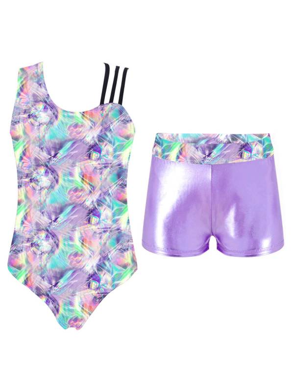 Kids Girls Asymmetric Shoulder Leotard with Shorts Gymnastic Set thumb