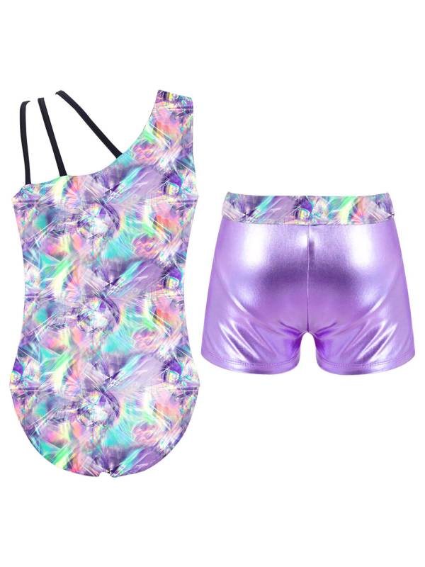 Kids Girls Asymmetric Shoulder Leotard with Shorts Gymnastic Set thumb