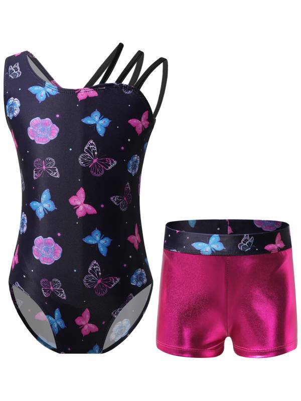 Kids Girls Asymmetric Shoulder Leotard with Shorts Gymnastic Set thumb