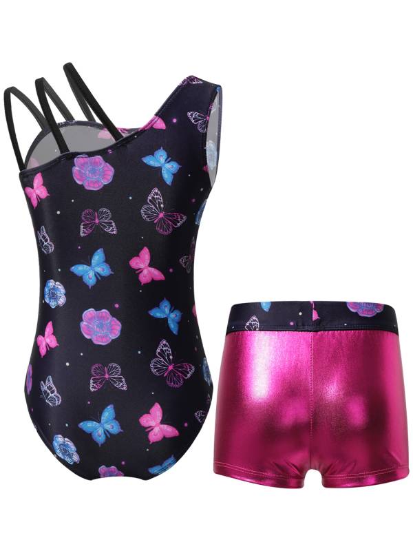 Kids Girls Asymmetric Shoulder Leotard with Shorts Gymnastic Set thumb