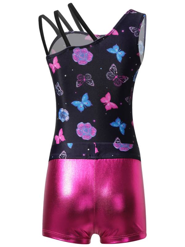 Kids Girls Asymmetric Shoulder Leotard with Shorts Gymnastic Set thumb