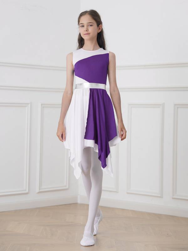 Kids Girls Sleeveless Colorblock Praise Worship Dance Dress thumb