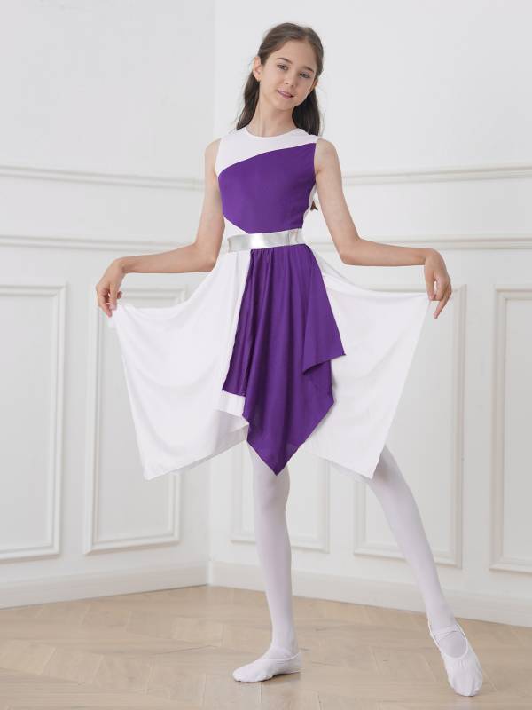 Kids Girls Sleeveless Colorblock Praise Worship Dance Dress thumb