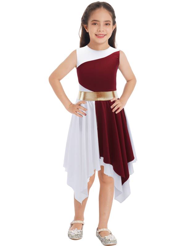 Kids Girls Sleeveless Colorblock Praise Worship Dance Dress thumb