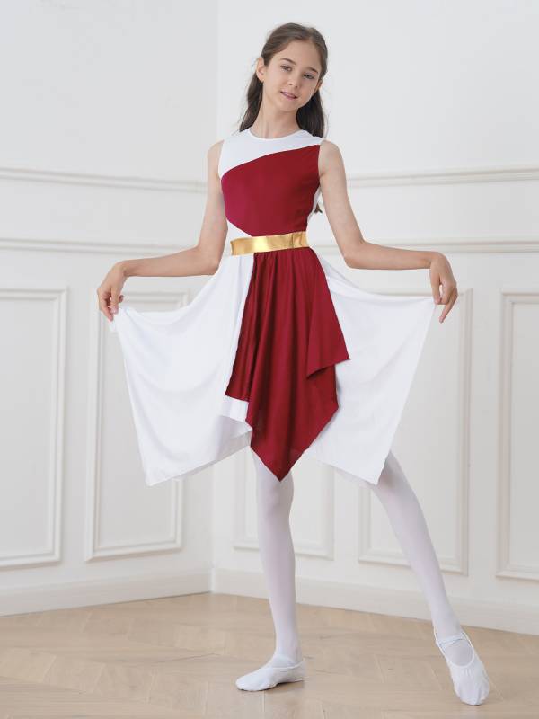 Kids Girls Sleeveless Colorblock Praise Worship Dance Dress thumb
