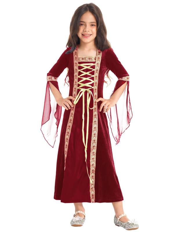 Kids Girls Long Sleeves Embroidered Vintage Renaissance Midi Dress thumb