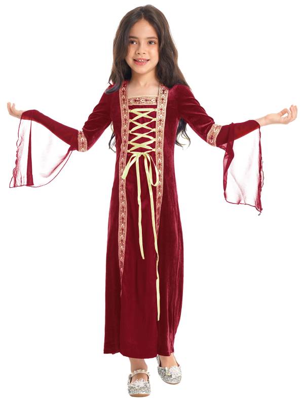 Kids Girls Long Sleeves Embroidered Vintage Renaissance Midi Dress thumb