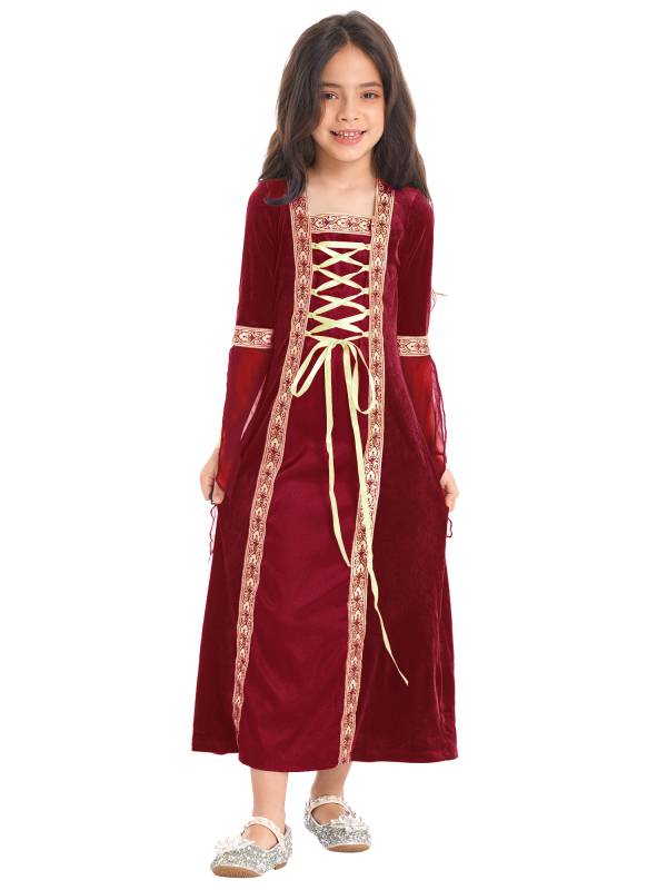 Kids Girls Long Sleeves Embroidered Vintage Renaissance Midi Dress thumb