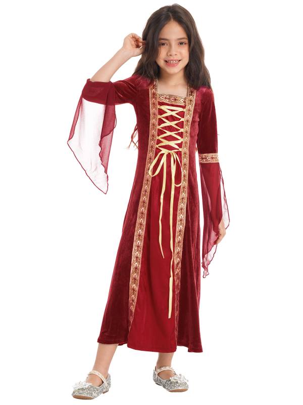 Kids Girls Long Sleeves Embroidered Vintage Renaissance Midi Dress thumb