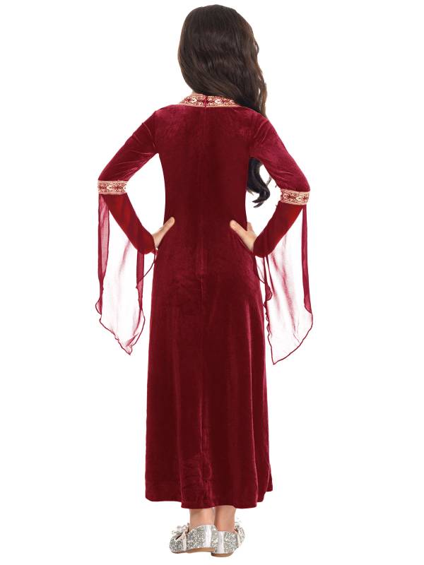 Kids Girls Long Sleeves Embroidered Vintage Renaissance Midi Dress thumb