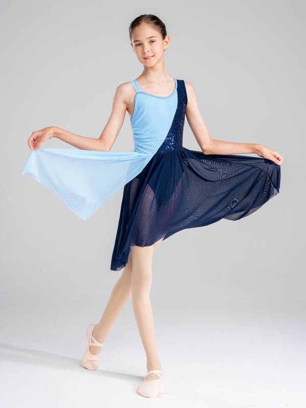 Kids Girls Colorblock Sleeveless Sequins Lyrical Dance Dress thumb