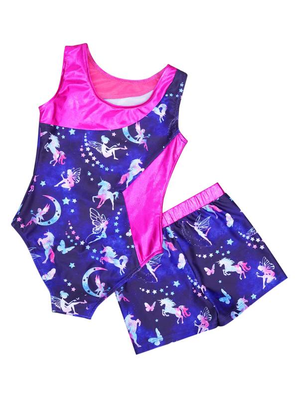 Kids Girls 2pcs Unicorn Rainbow Printed Gymnastics Dance Sets thumb