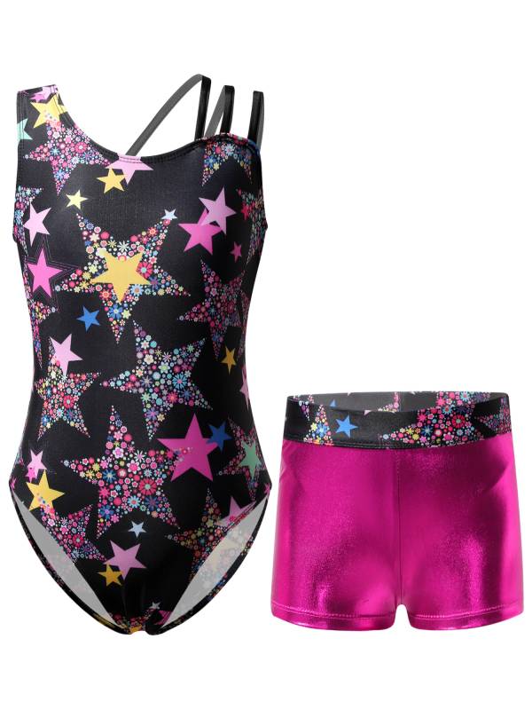 Kids Girls Asymmetric Shoulder Leotard with Shorts Gymnastic Set thumb