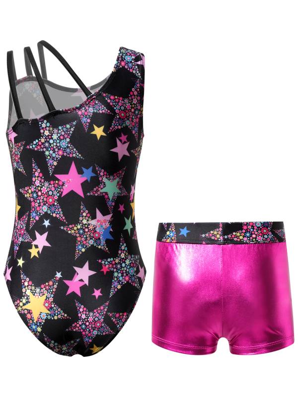 Kids Girls Asymmetric Shoulder Leotard with Shorts Gymnastic Set thumb