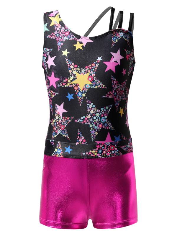 Kids Girls Asymmetric Shoulder Leotard with Shorts Gymnastic Set thumb