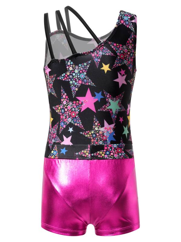 Kids Girls Asymmetric Shoulder Leotard with Shorts Gymnastic Set thumb