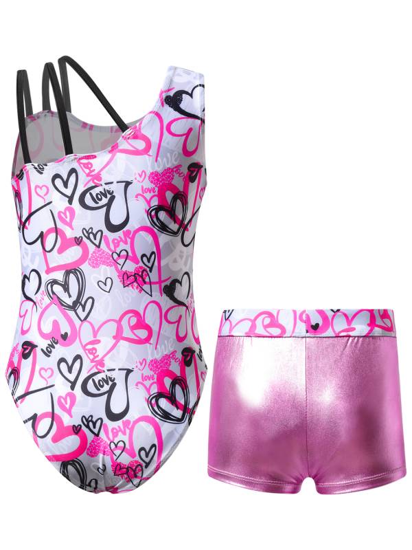 Kids Girls Asymmetric Shoulder Leotard with Shorts Gymnastic Set thumb