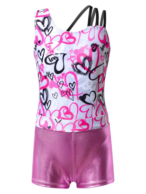 Kids Girls Asymmetric Shoulder Leotard with Shorts Gymnastic Set thumb