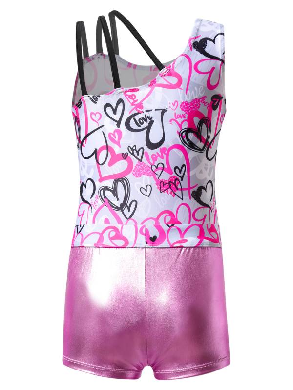 Kids Girls Asymmetric Shoulder Leotard with Shorts Gymnastic Set thumb