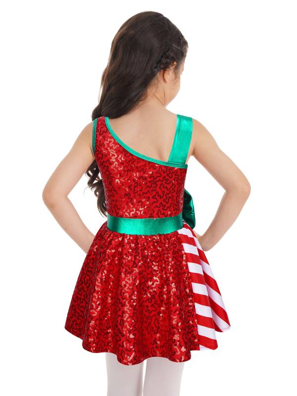 Kids Girls Sequin Christmas Asymmetrical Shoulder Big Bow Stripe Leotard Dress thumb