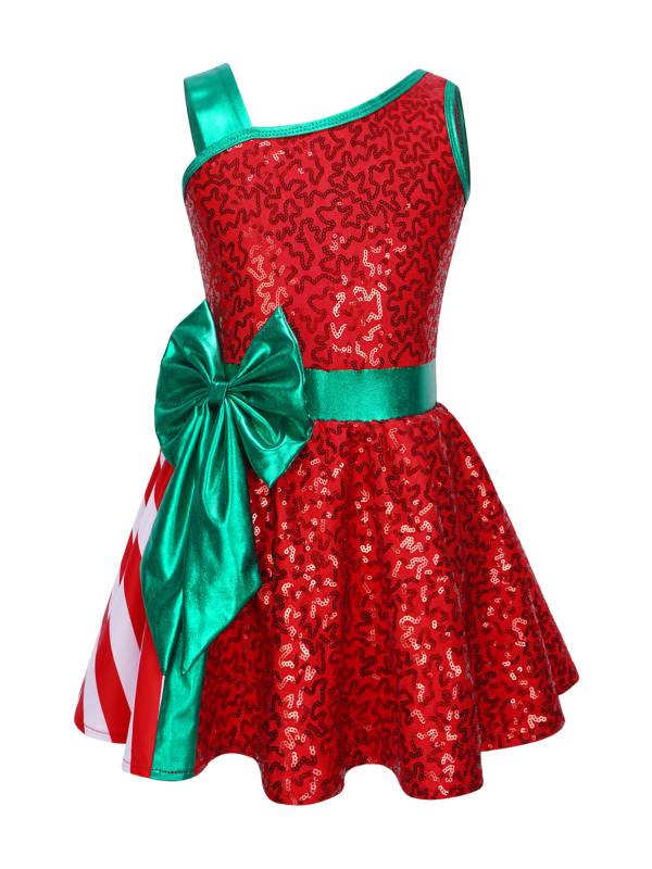 Kids Girls Sequin Christmas Asymmetrical Shoulder Big Bow Stripe Leotard Dress thumb