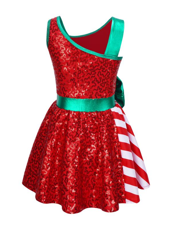Kids Girls Sequin Christmas Asymmetrical Shoulder Big Bow Stripe Leotard Dress thumb