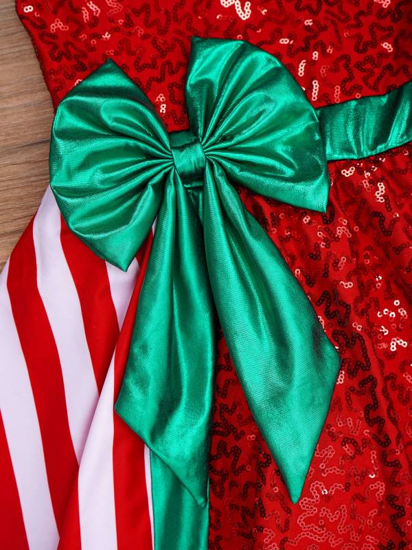 Kids Girls Sequin Christmas Asymmetrical Shoulder Big Bow Stripe Leotard Dress thumb