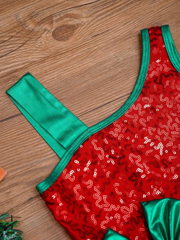 Kids Girls Sequin Christmas Asymmetrical Shoulder Big Bow Stripe Leotard Dress thumb