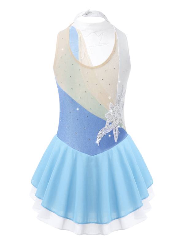 Kids Girls Sleeveless Sequin Floral Ruffle Skating Dance Dress thumb