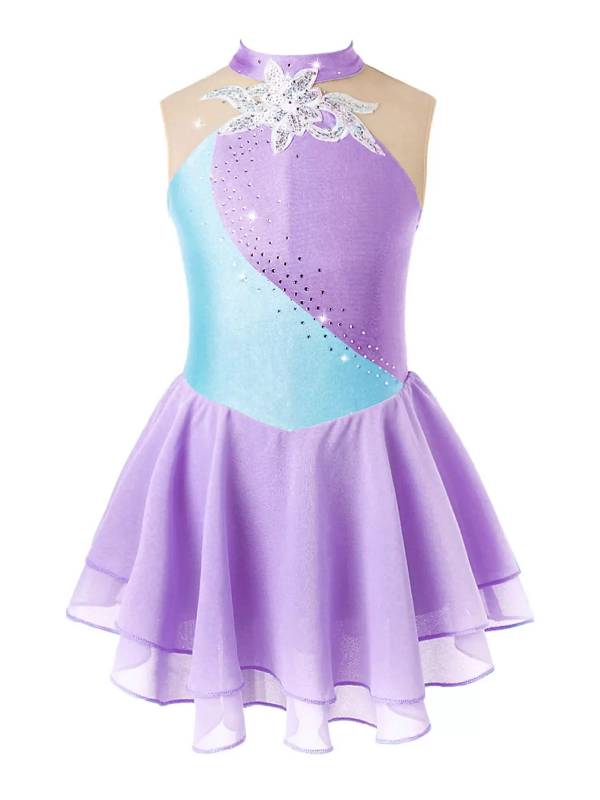 Kids Girls Sleeveless Sequins Floral Decorated Skating Dance Dress thumb