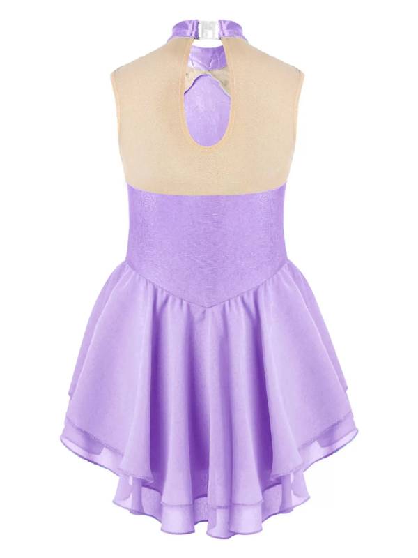 Kids Girls Sleeveless Sequins Floral Decorated Skating Dance Dress thumb