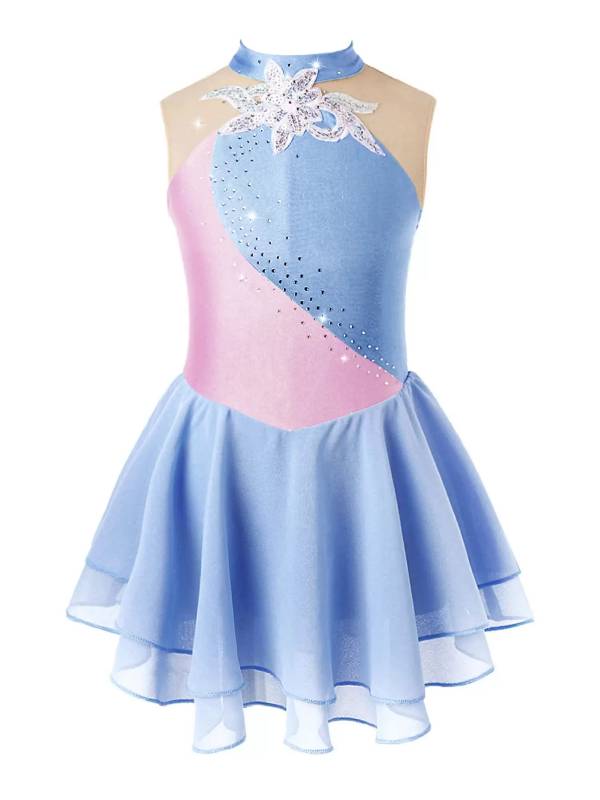 Kids Girls Sleeveless Sequins Floral Decorated Skating Dance Dress thumb