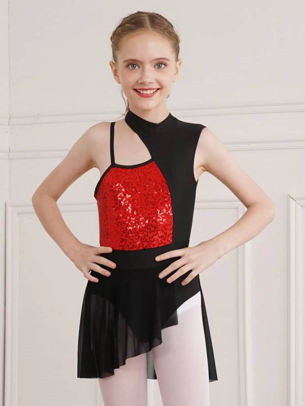 Kids Girls Sleeveless Sequins Mesh Lyrical Contemporary Dance Dress thumb