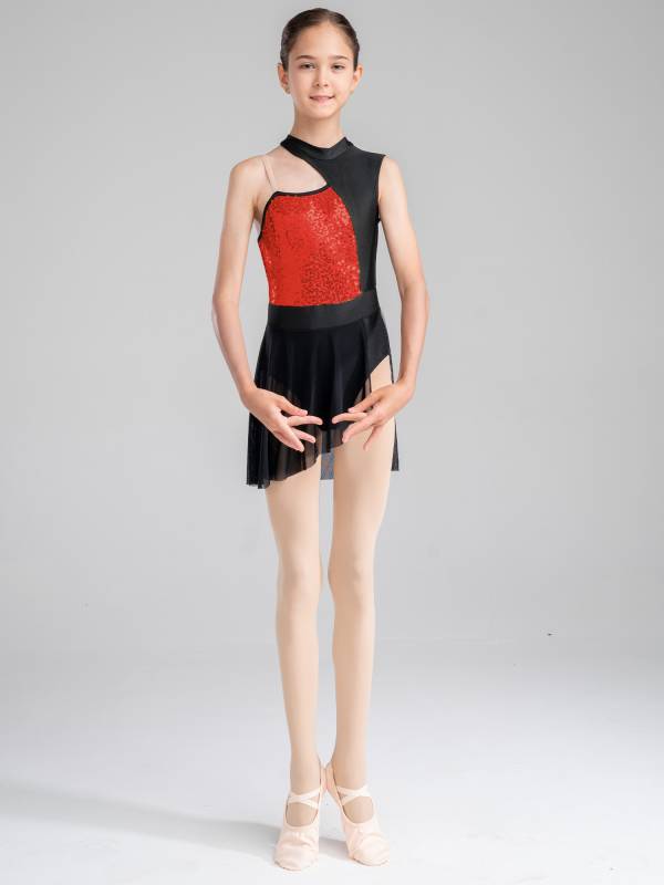Kids Girls Sleeveless Sequins Mesh Lyrical Contemporary Dance Dress thumb