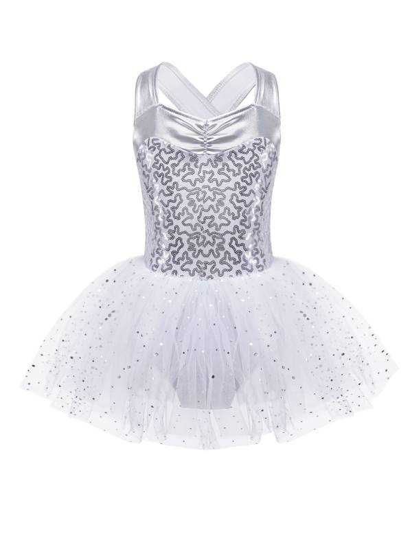 Kids Girls Sleeveless V Neck Sequins Crisscross Ballet Dance Dress thumb