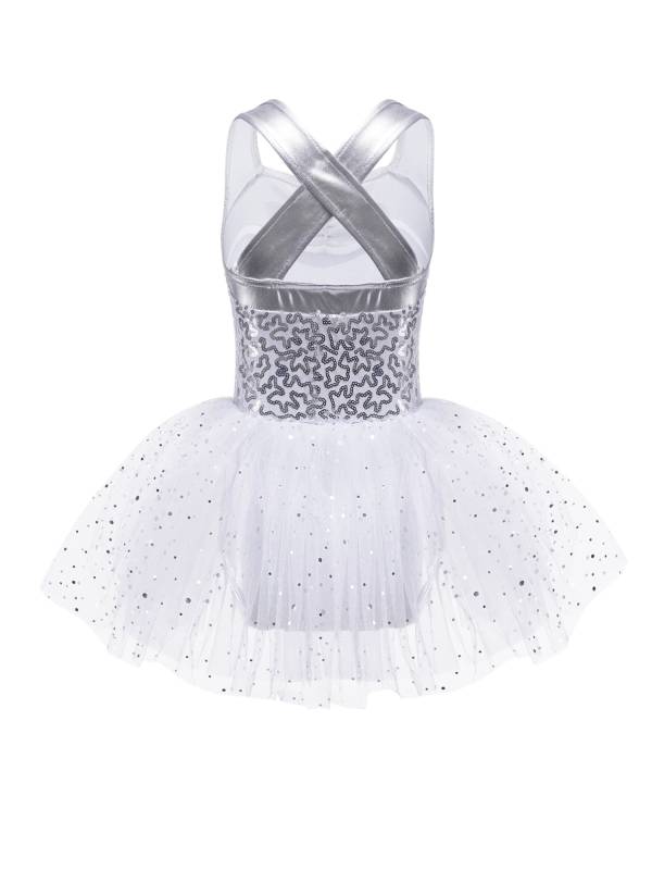 Kids Girls Sleeveless V Neck Sequins Crisscross Ballet Dance Dress thumb