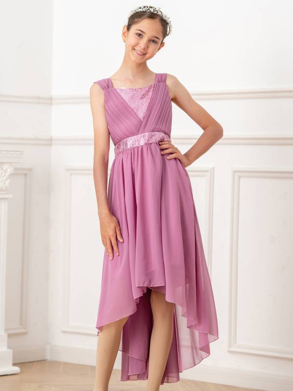 Kids Girls Shiny Sequin Ruched High-Low Party Dress thumb