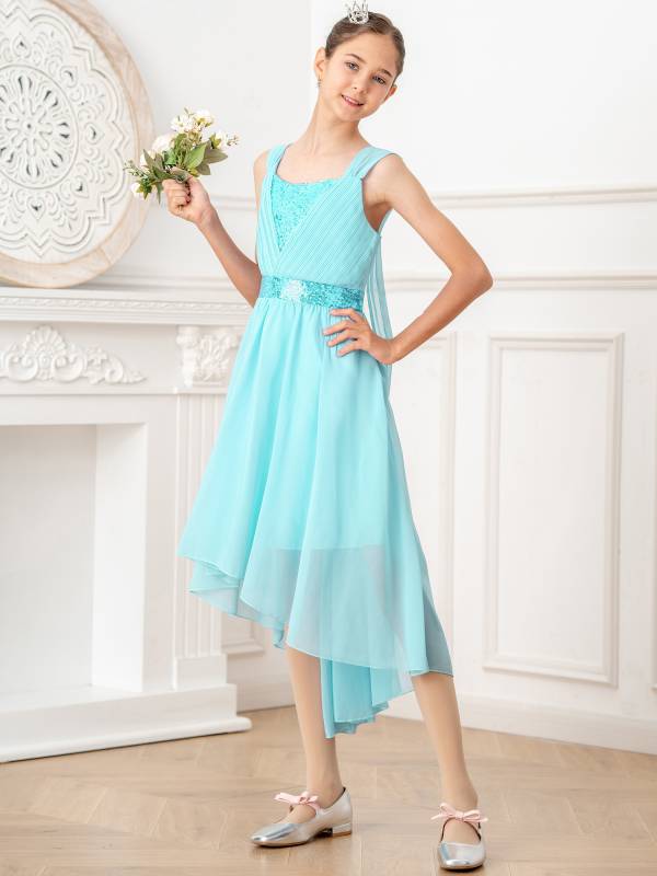 Kids Girls Shiny Sequin Ruched High-Low Party Dress thumb