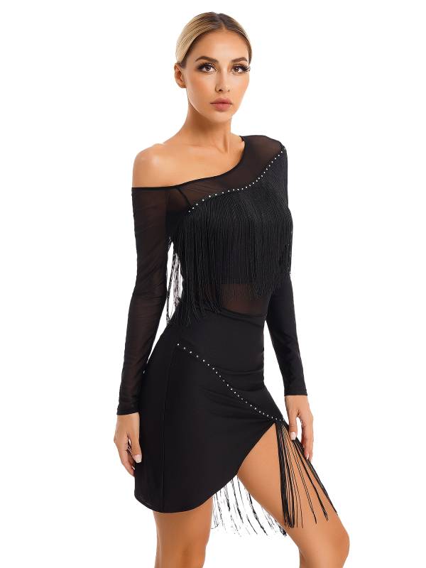 Women Long Sleeve Tassel Samba Latin Dance Dress thumb