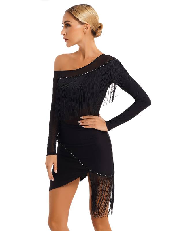 Women Long Sleeve Tassel Samba Latin Dance Dress thumb
