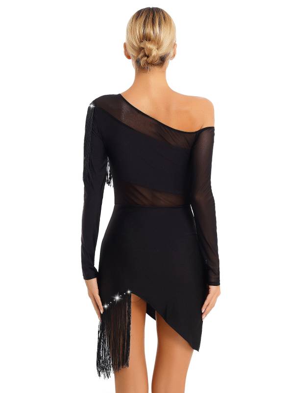 Women Long Sleeve Tassel Samba Latin Dance Dress thumb